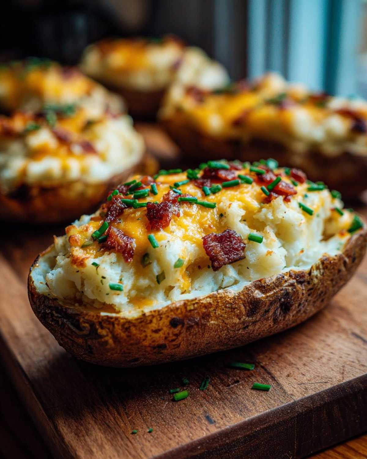 A close-up of a perfectly loaded twice-baked potato topped with melted cheese, bacon bits, and chives.