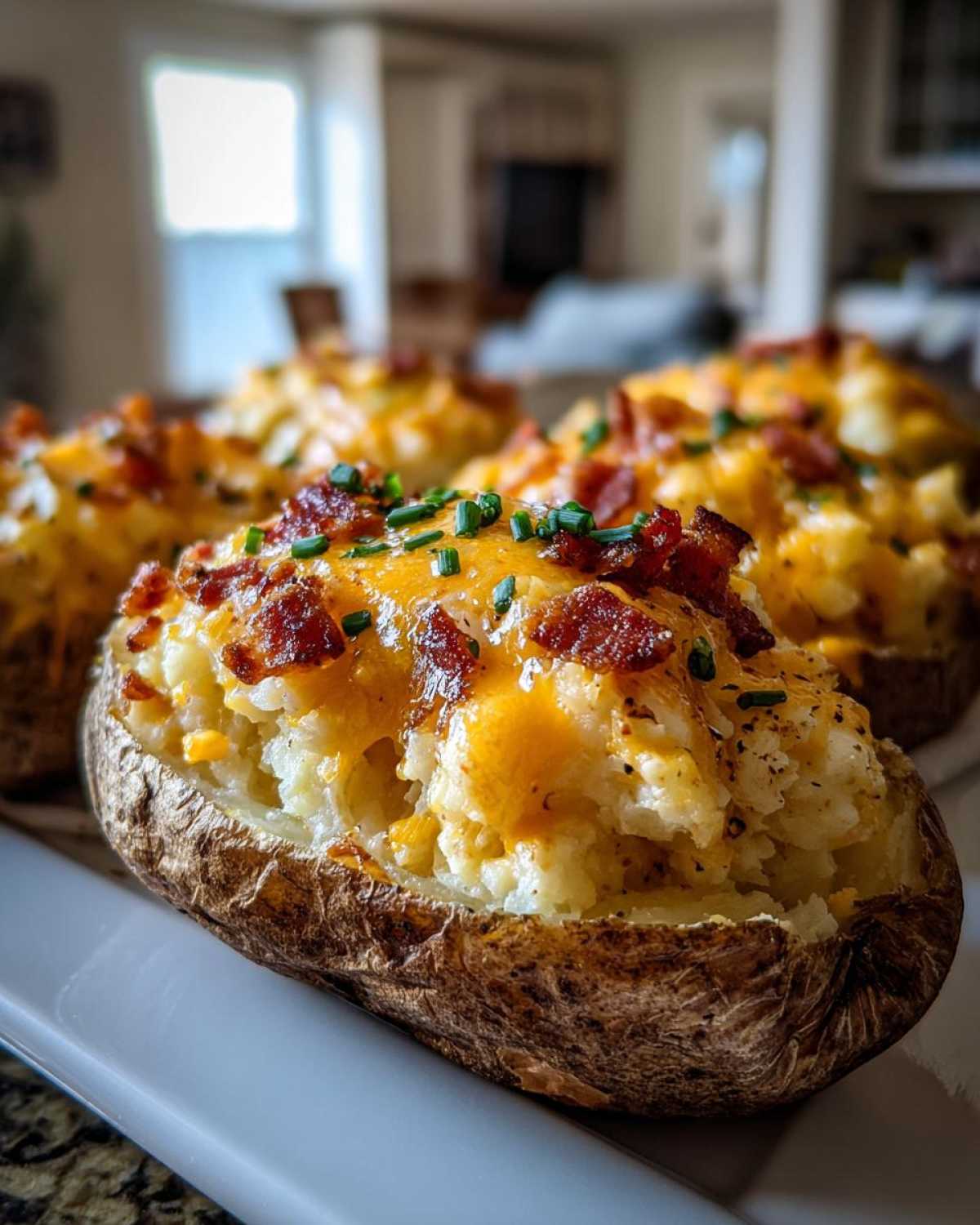 A close-up of a perfectly baked twice baked potatoes, topped with melted cheddar cheese, crispy bacon bits, and fresh chives.