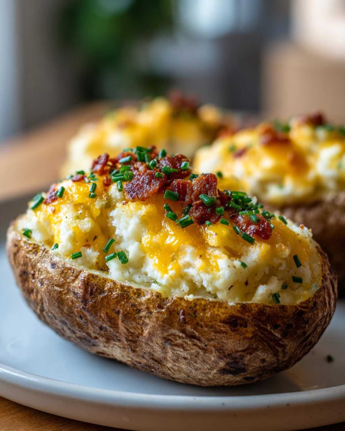 A close-up of a perfectly stuffed twice baked potato topped with melted cheddar cheese, crispy bacon bits, and fresh chives.