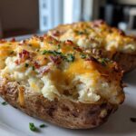 A close-up of a perfectly baked twice baked potato topped with melted cheddar cheese, bacon bits, and chives.
