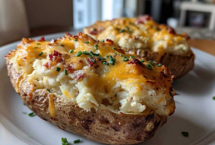 A close-up of a perfectly baked twice baked potato topped with melted cheddar cheese, bacon bits, and chives.