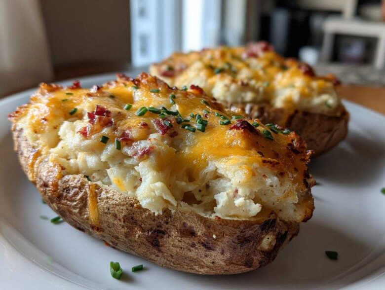 A close-up of a perfectly baked twice baked potato topped with melted cheddar cheese, bacon bits, and chives.