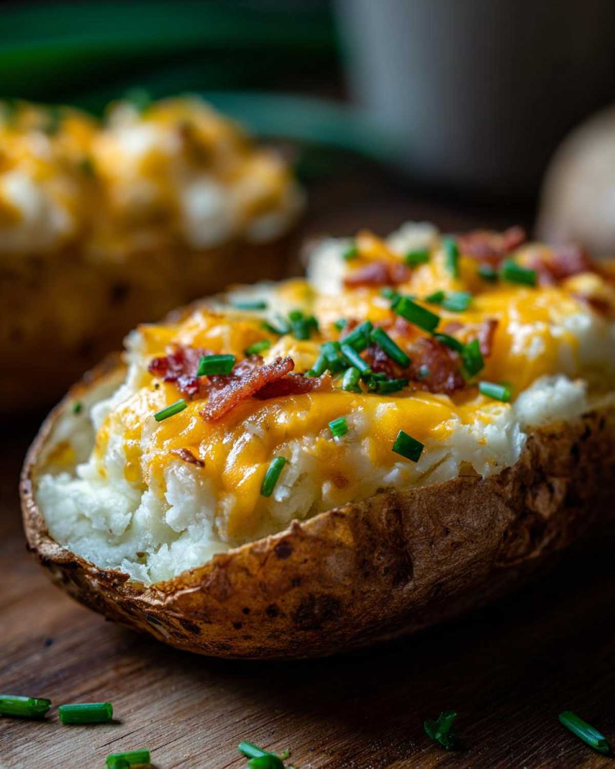 A close-up of a perfectly prepared twice-baked potato, topped with melted cheddar cheese, bacon bits, and fresh chives.