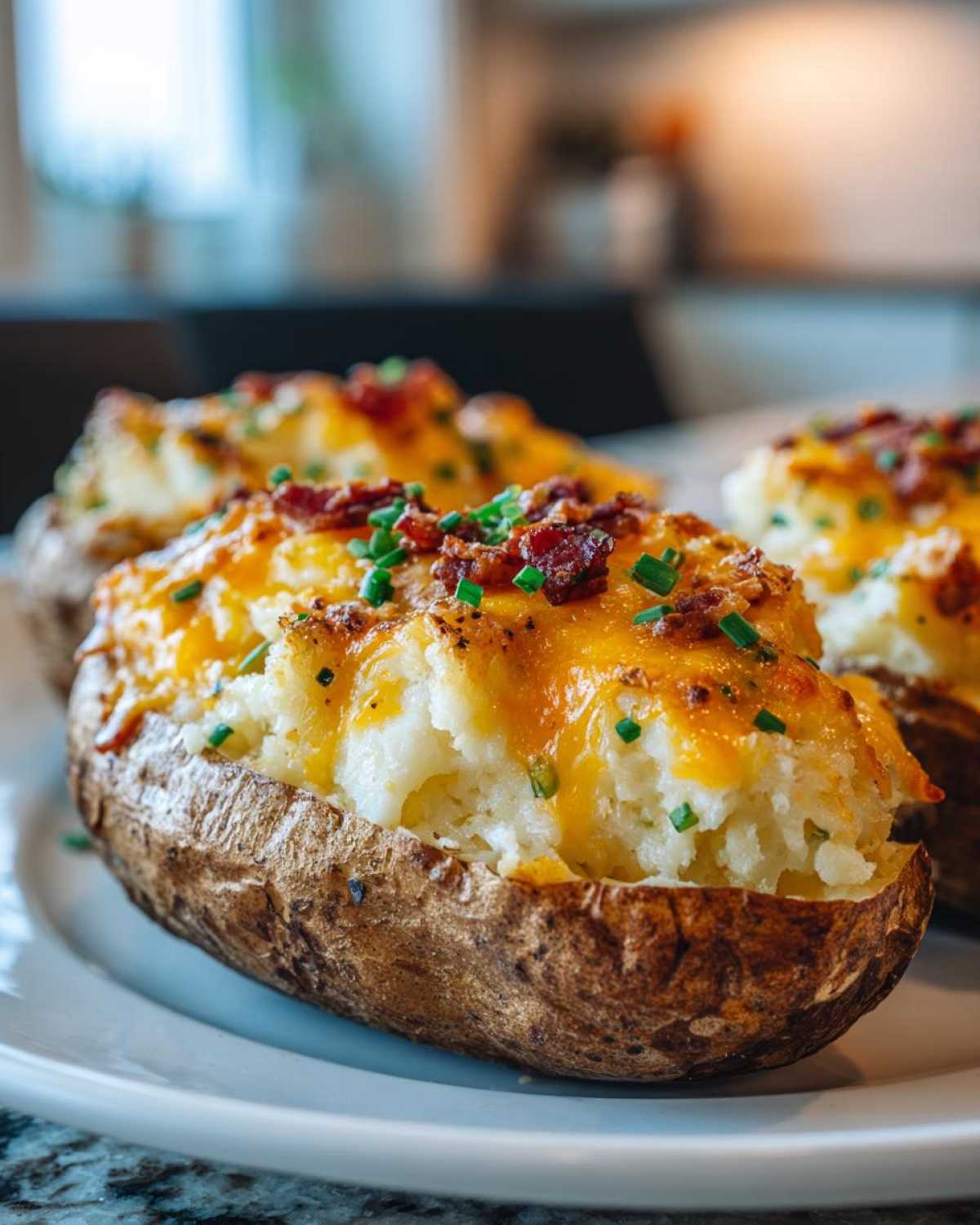 A close-up shot of a delicious twice baked potatoes loaded with melted cheddar cheese, bacon bits, and chives.