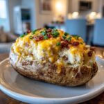 A close-up of a fully loaded twice baked potatoes topped with melted cheddar cheese, bacon bits, and green onions.