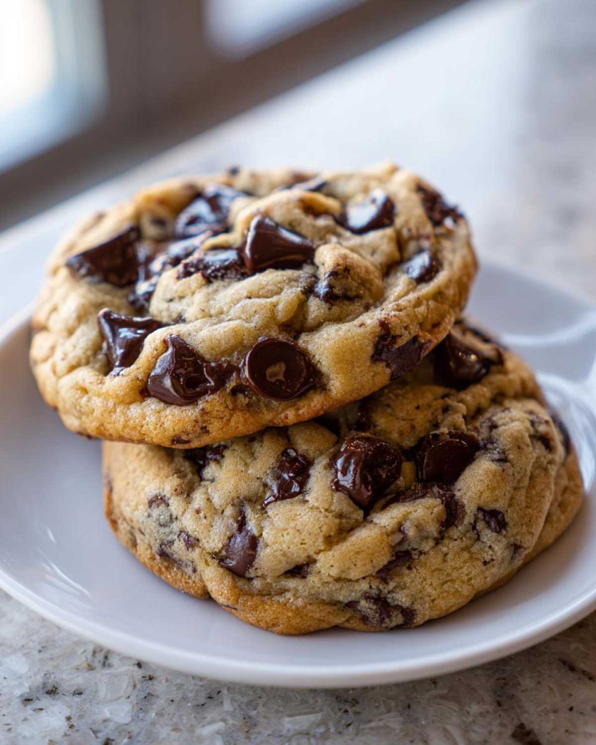 Close-up of two gooey, thick chocolate chip cookies stacked on a white plate.
