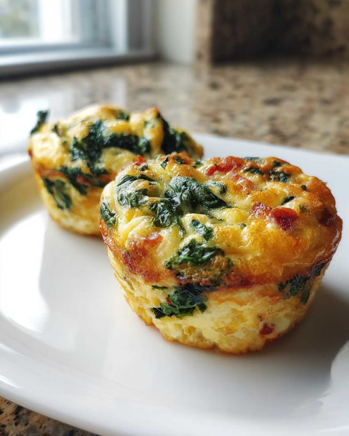 Close-up of two savory egg bites packed with spinach and bacon, ready for a quick breakfast.