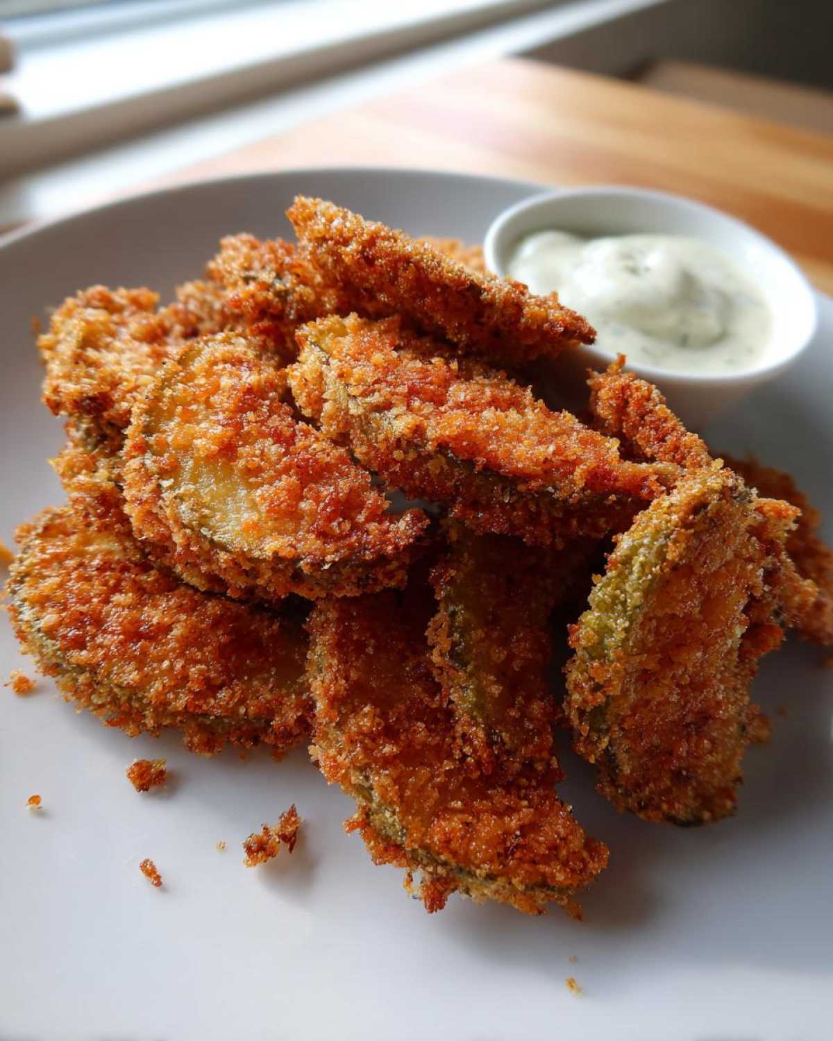 A pile of golden brown, crispy Fried Pickles served on a white plate next to a small bowl of creamy dipping sauce.