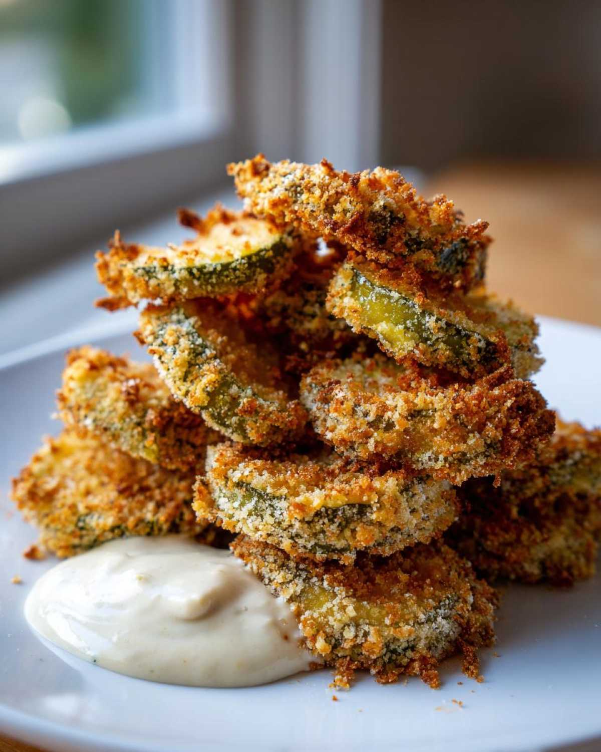 A tall stack of golden brown, crispy Fried Pickles served on a white plate next to a dollop of creamy dipping sauce.