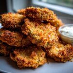 A close-up stack of golden brown, crispy Fried Pickles served on a light gray plate next to a small bowl of white dipping sauce.