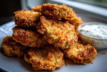 A close-up stack of golden brown, crispy Fried Pickles served on a light gray plate next to a small bowl of white dipping sauce.