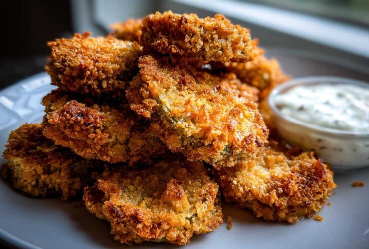 A close-up stack of golden brown, crispy Fried Pickles served on a light gray plate next to a small bowl of white dipping sauce.