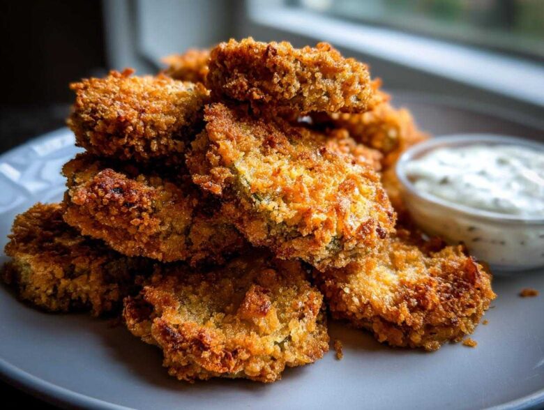 A close-up stack of golden brown, crispy Fried Pickles served on a light gray plate next to a small bowl of white dipping sauce.