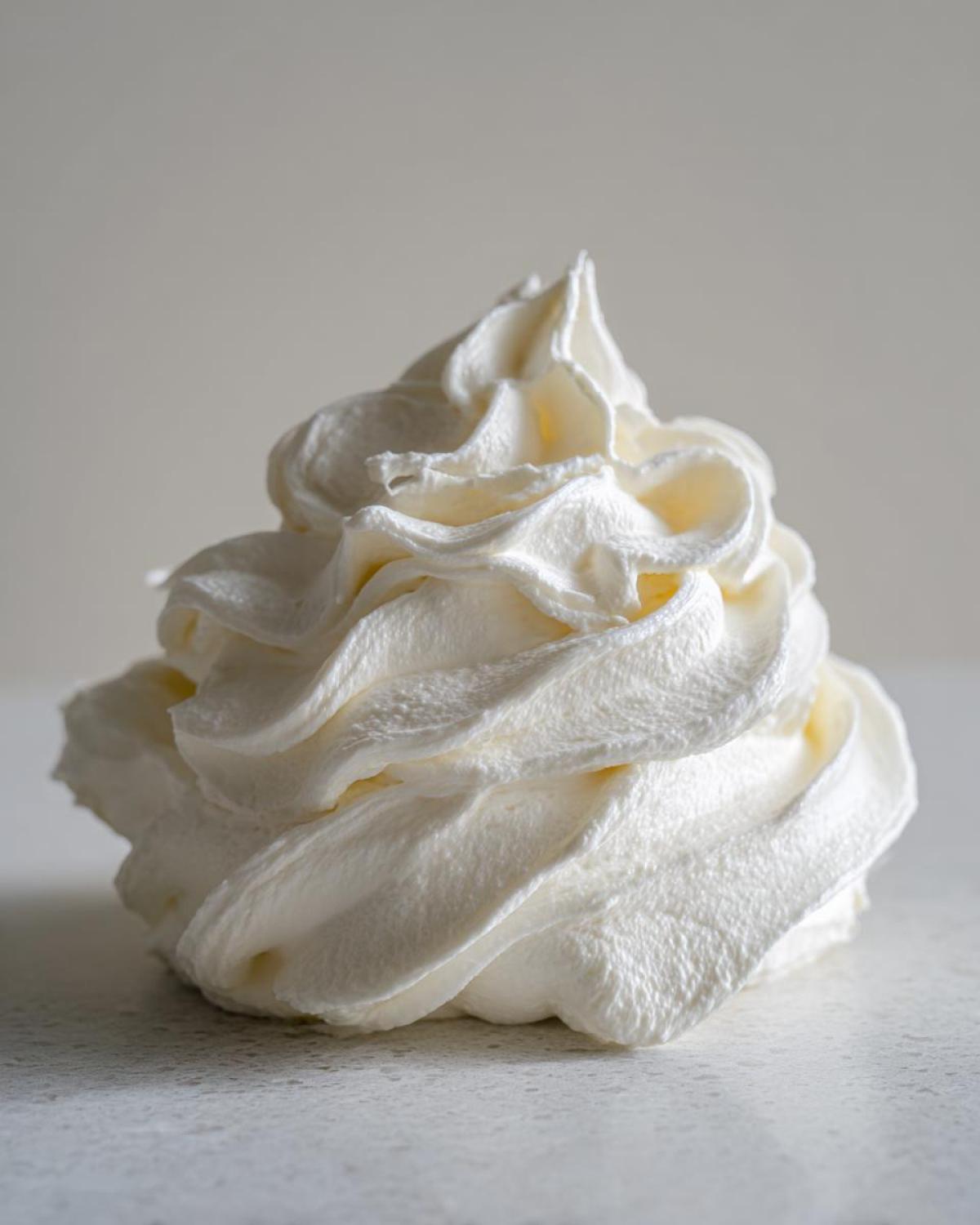 A close-up, beautifully piped swirl of creamy white vanilla buttercream frosting.