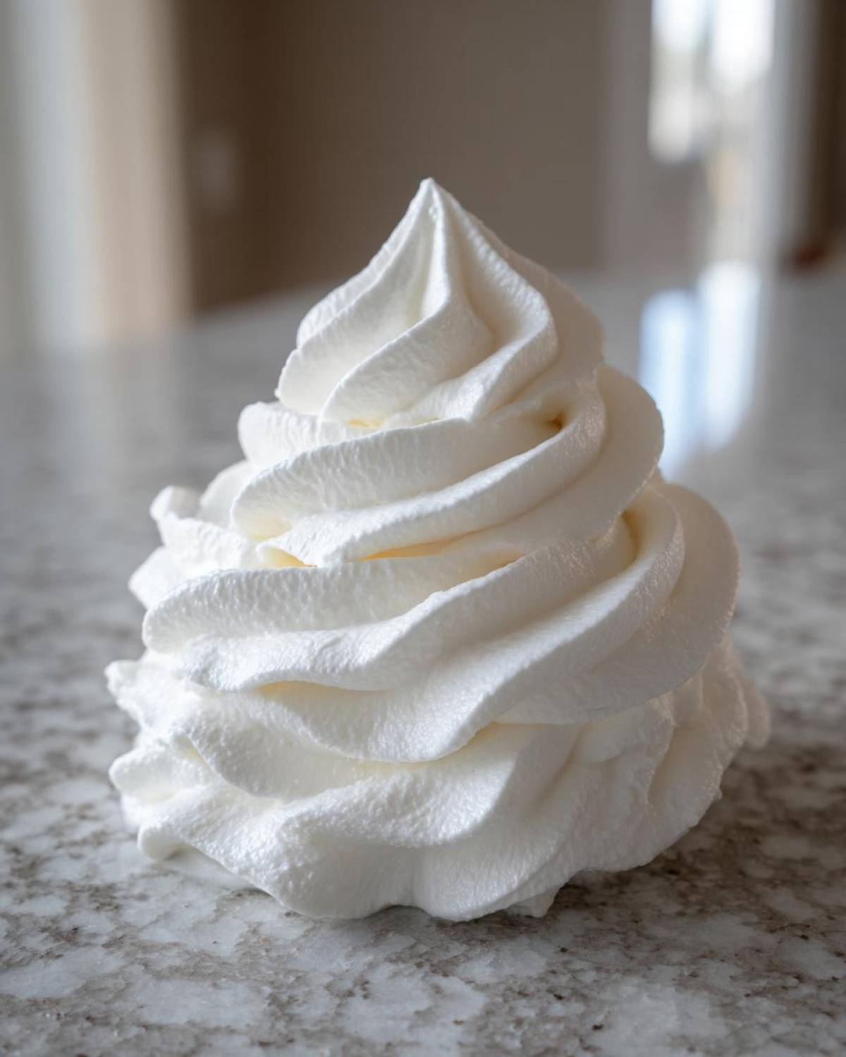 A tall, perfectly piped swirl of bright white vanilla buttercream frosting sitting on a speckled countertop.