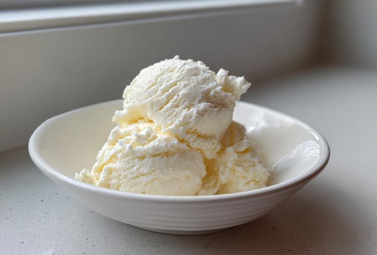 Three scoops of creamy vanilla protein ice cream served in a small white bowl on a light countertop.