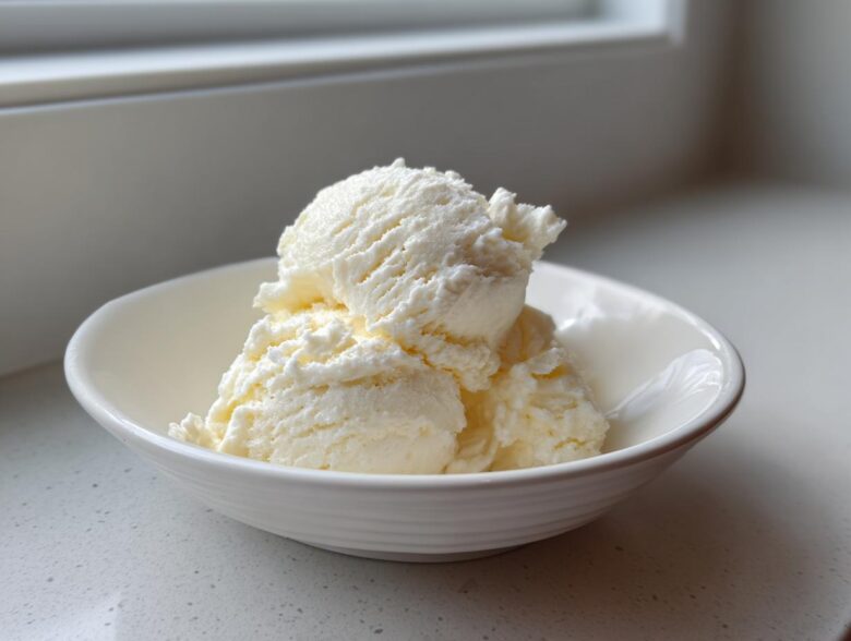 Three scoops of creamy vanilla protein ice cream served in a small white bowl on a light countertop.