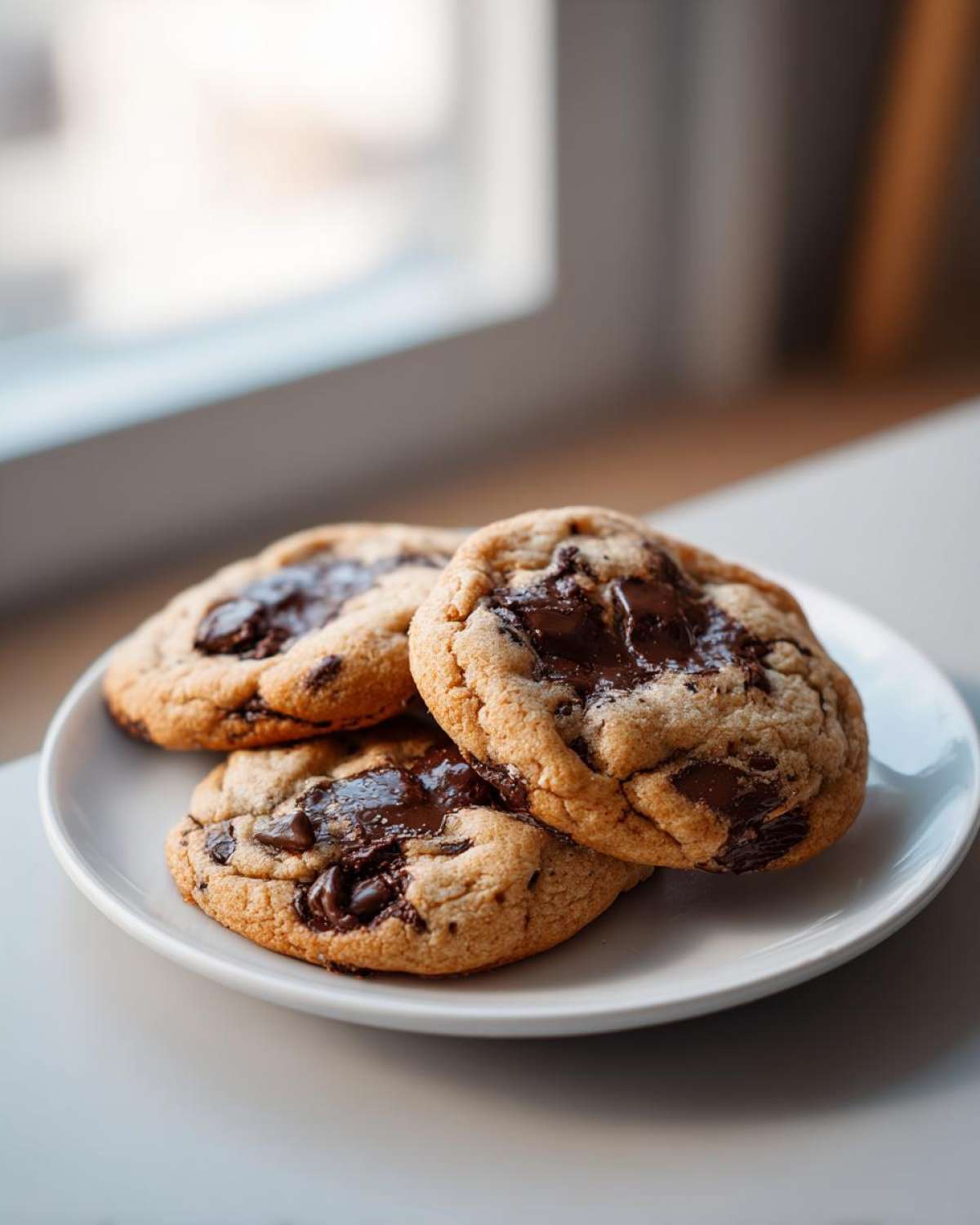 Close-up of three freshly baked vegan chocolate chip cookies stacked on a white plate with melted chocolate.