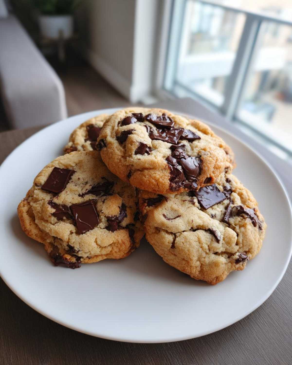 Four thick, gooey vegan chocolate chip cookies piled on a white plate near a bright window.