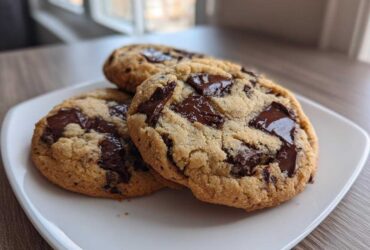 Three freshly baked vegan chocolate chip cookies piled on a white plate with melted chocolate chunks.