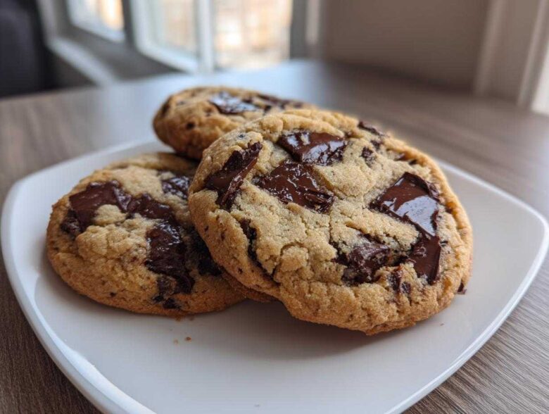 Three freshly baked vegan chocolate chip cookies piled on a white plate with melted chocolate chunks.