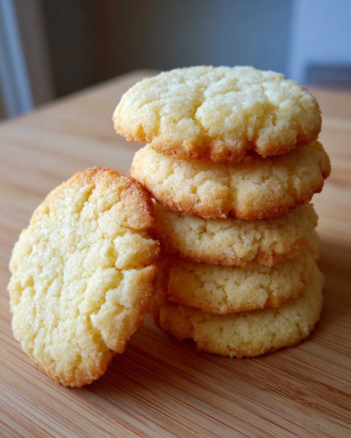 A stack of five soft, golden vegan sugar cookies, lightly sprinkled with sugar, resting on a wooden surface.