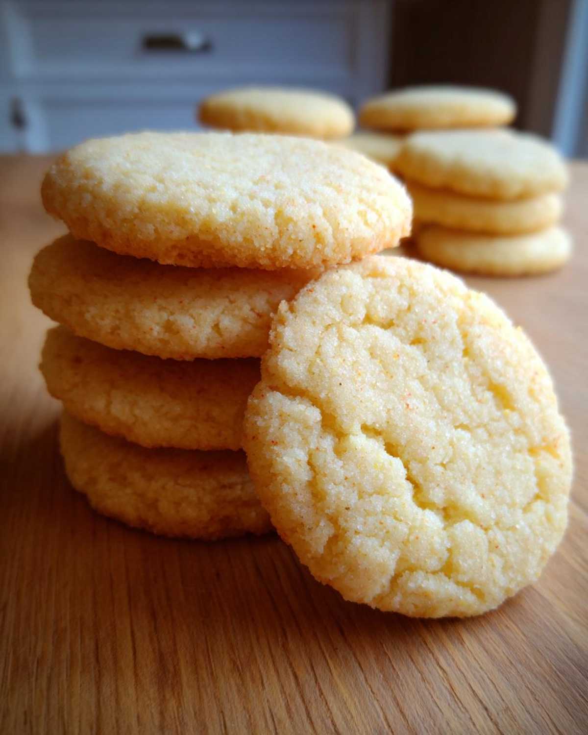 Close-up of a stack of soft, round vegan sugar cookies resting on a wooden table.