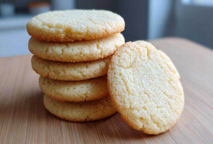A stack of five golden vegan sugar cookies with one leaning against the side on a wooden surface.