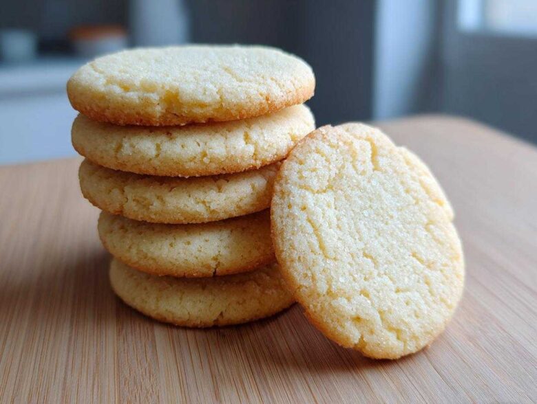 A stack of five golden vegan sugar cookies with one leaning against the side on a wooden surface.