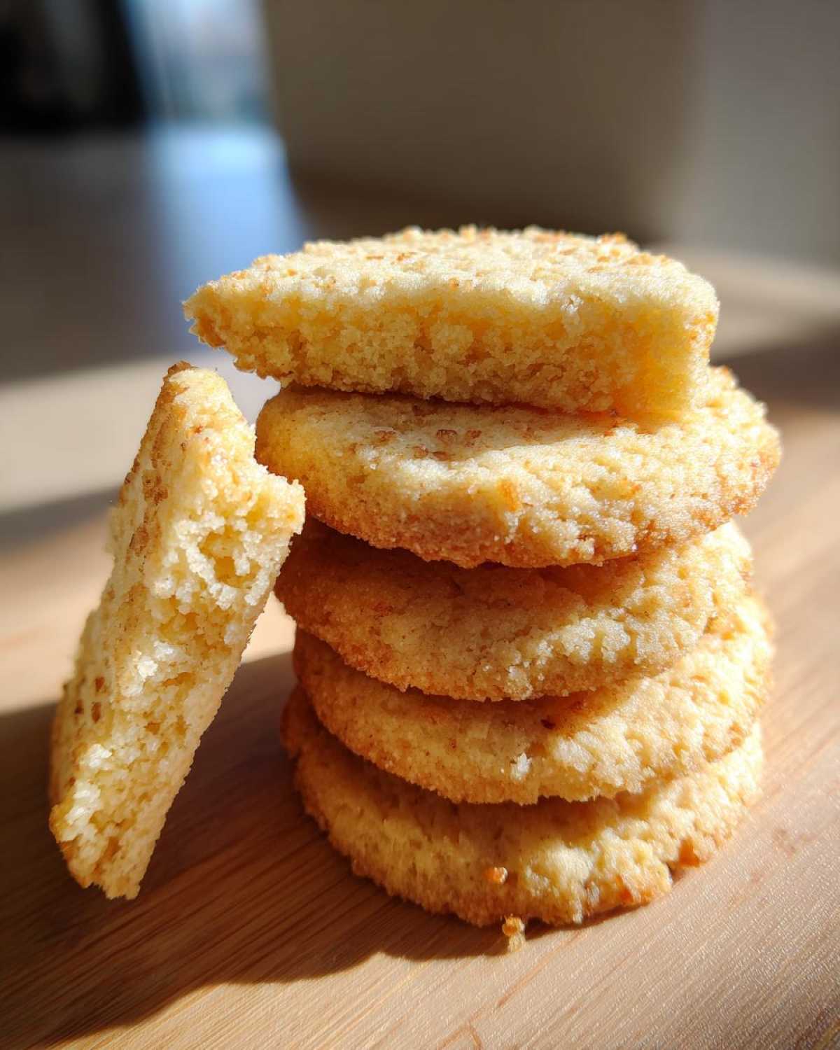 A stack of four golden vegan sugar cookies, with one broken piece leaning against the side, showing the soft interior.