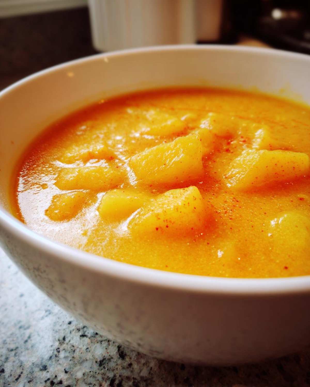 Close-up of a vibrant orange cheese soup with visible chunks of potato or vegetable, sprinkled with paprika.
