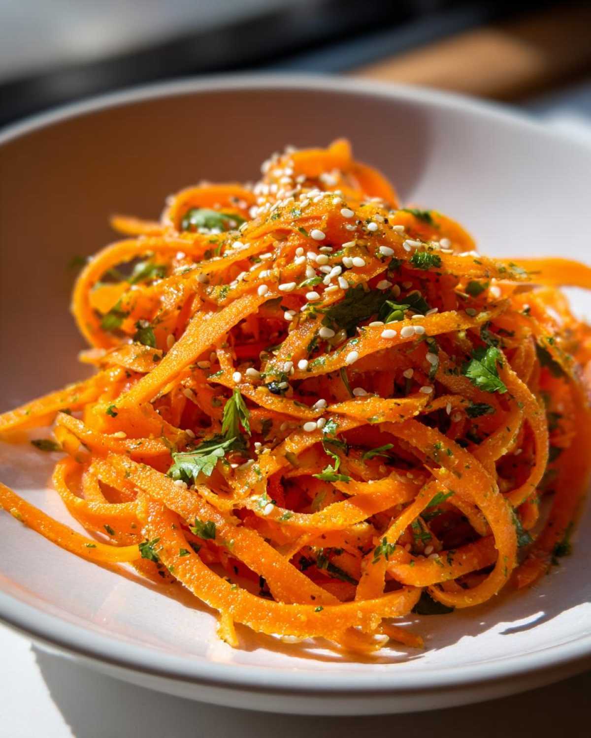 Close-up of vibrant raw carrot salad ribbons topped with sesame seeds and fresh parsley.
