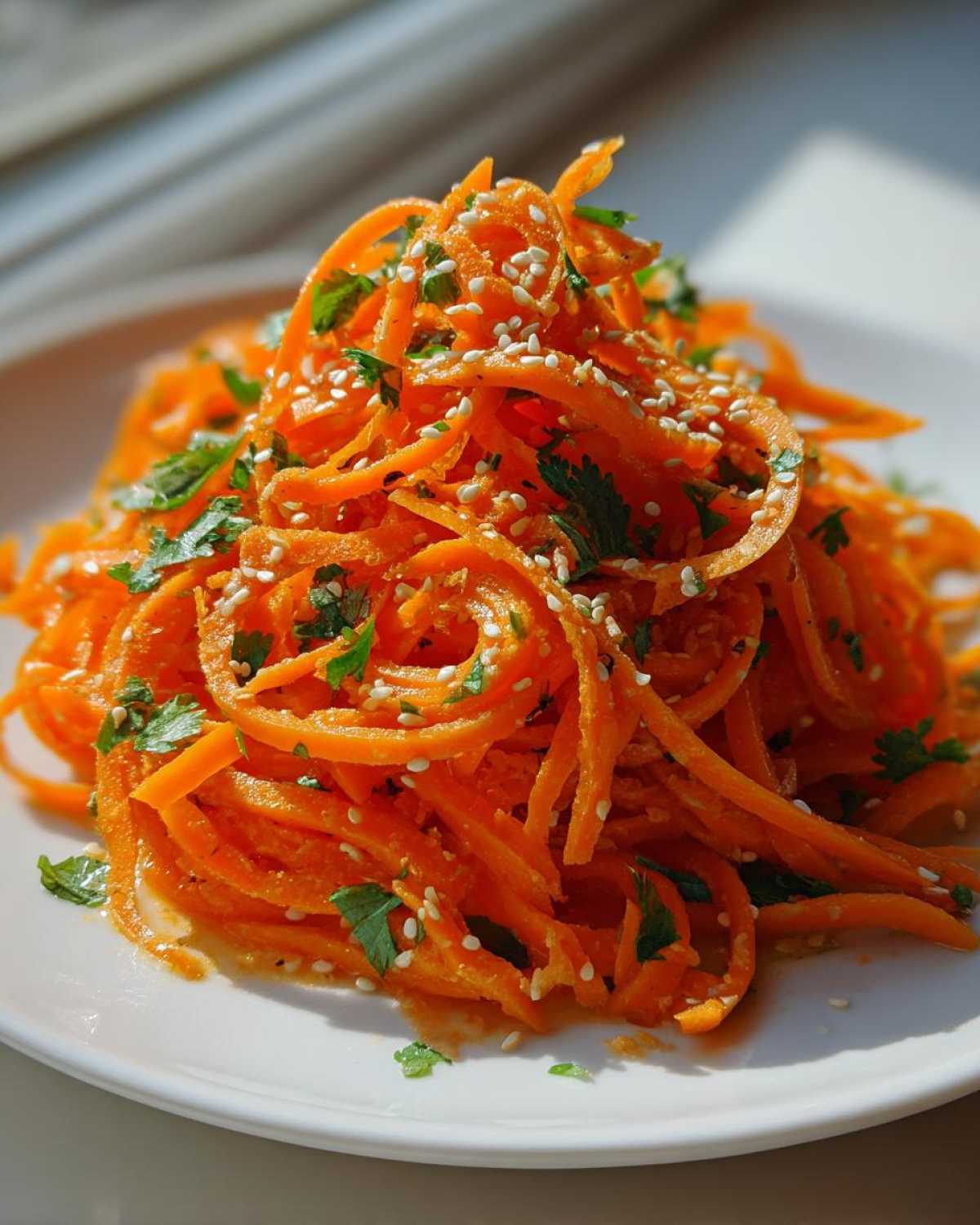 Close-up of a vibrant raw carrot salad, spiralized and topped with sesame seeds and fresh parsley.