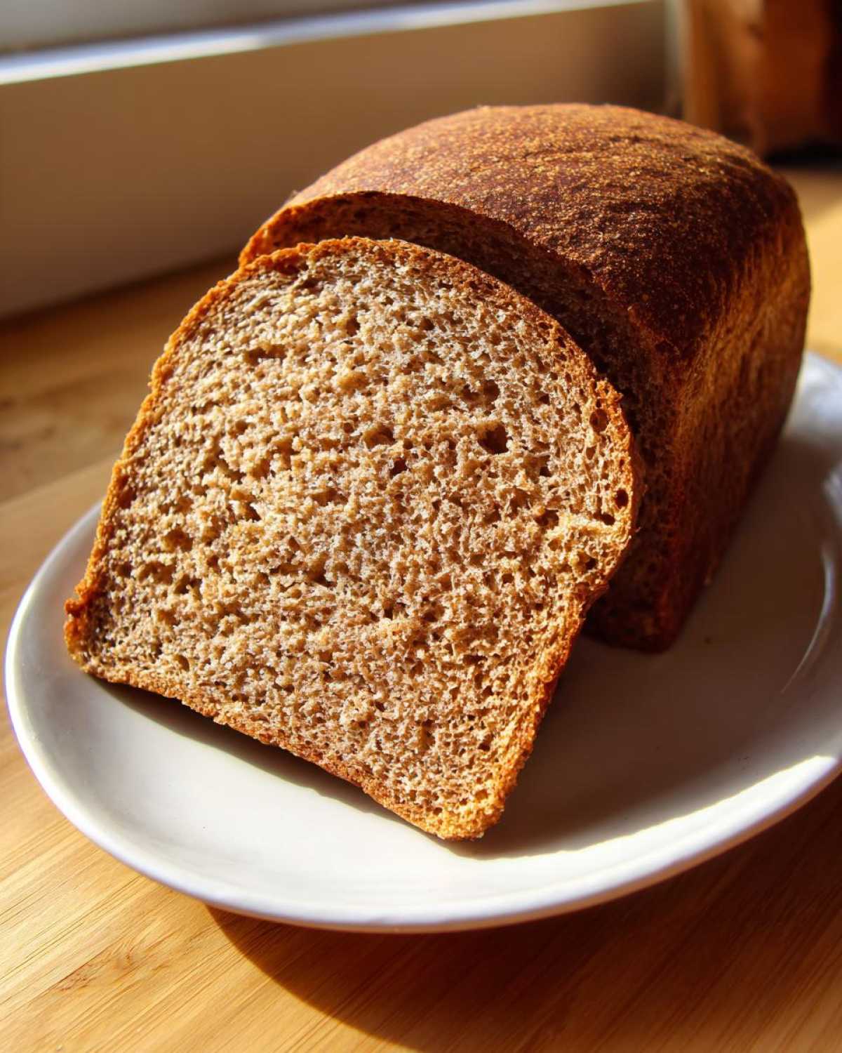 Close-up of a loaf of whole wheat bread with one slice cut and resting against the main loaf on a white plate.