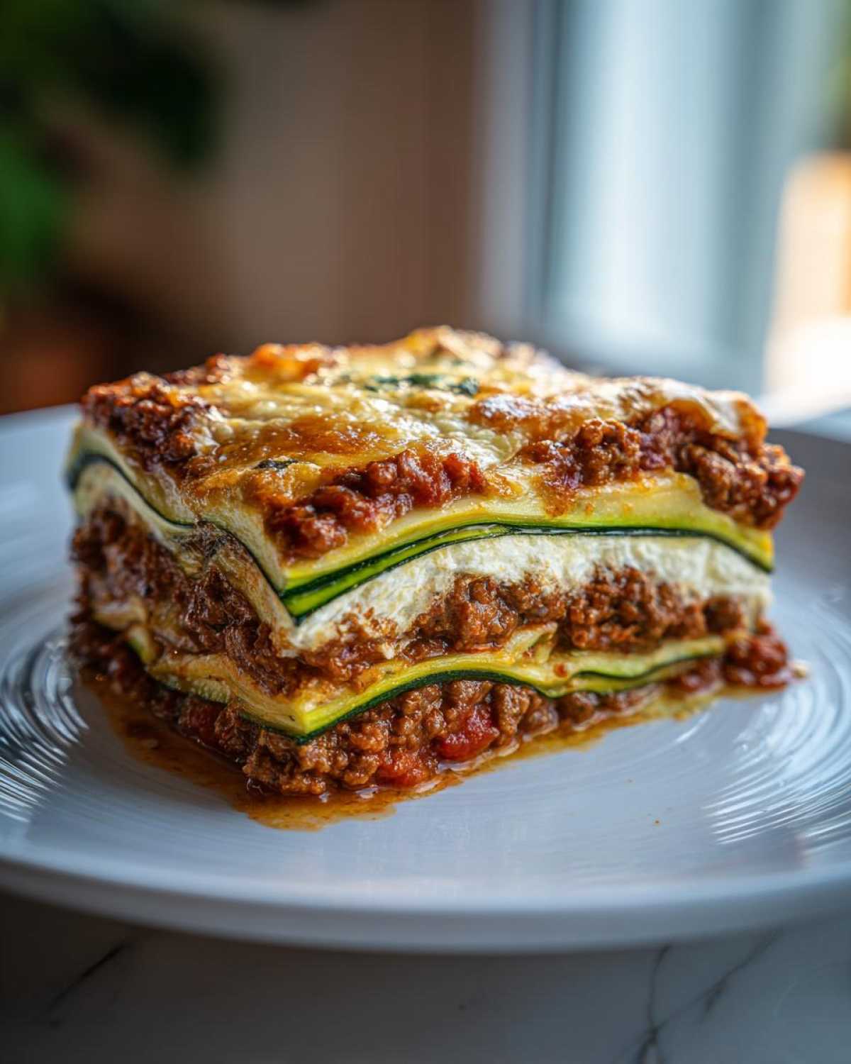 A thick, layered slice of zucchini lasagna featuring zucchini noodles, rich meat sauce, and creamy ricotta cheese.