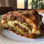 A close-up of a hearty slice of zucchini lasagna featuring layers of meat sauce and thinly sliced zucchini.