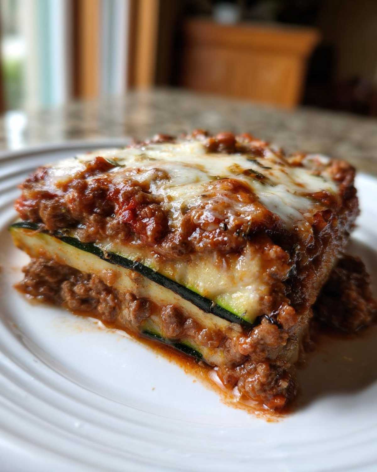 A close-up of a hearty slice of zucchini lasagna layered with meat sauce and melted mozzarella cheese.