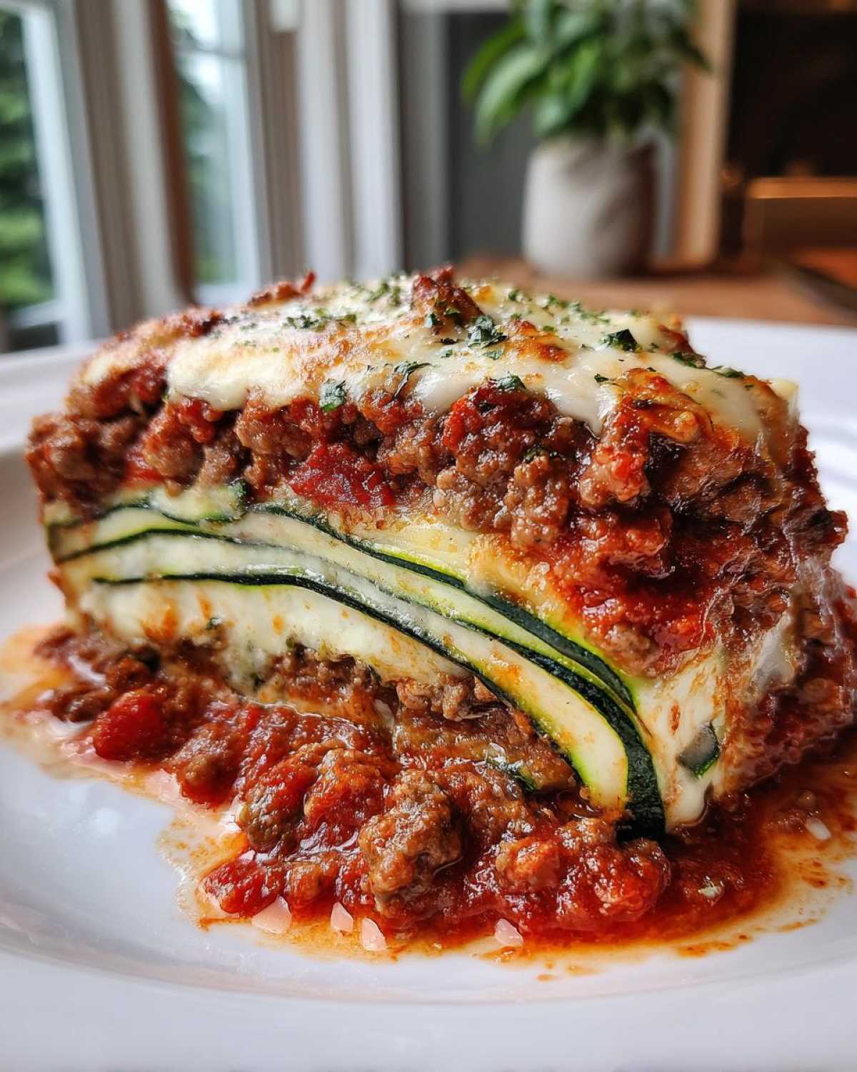 A thick, layered slice of zucchini lasagna featuring thin zucchini strips instead of pasta, rich meat sauce, and melted cheese topping.