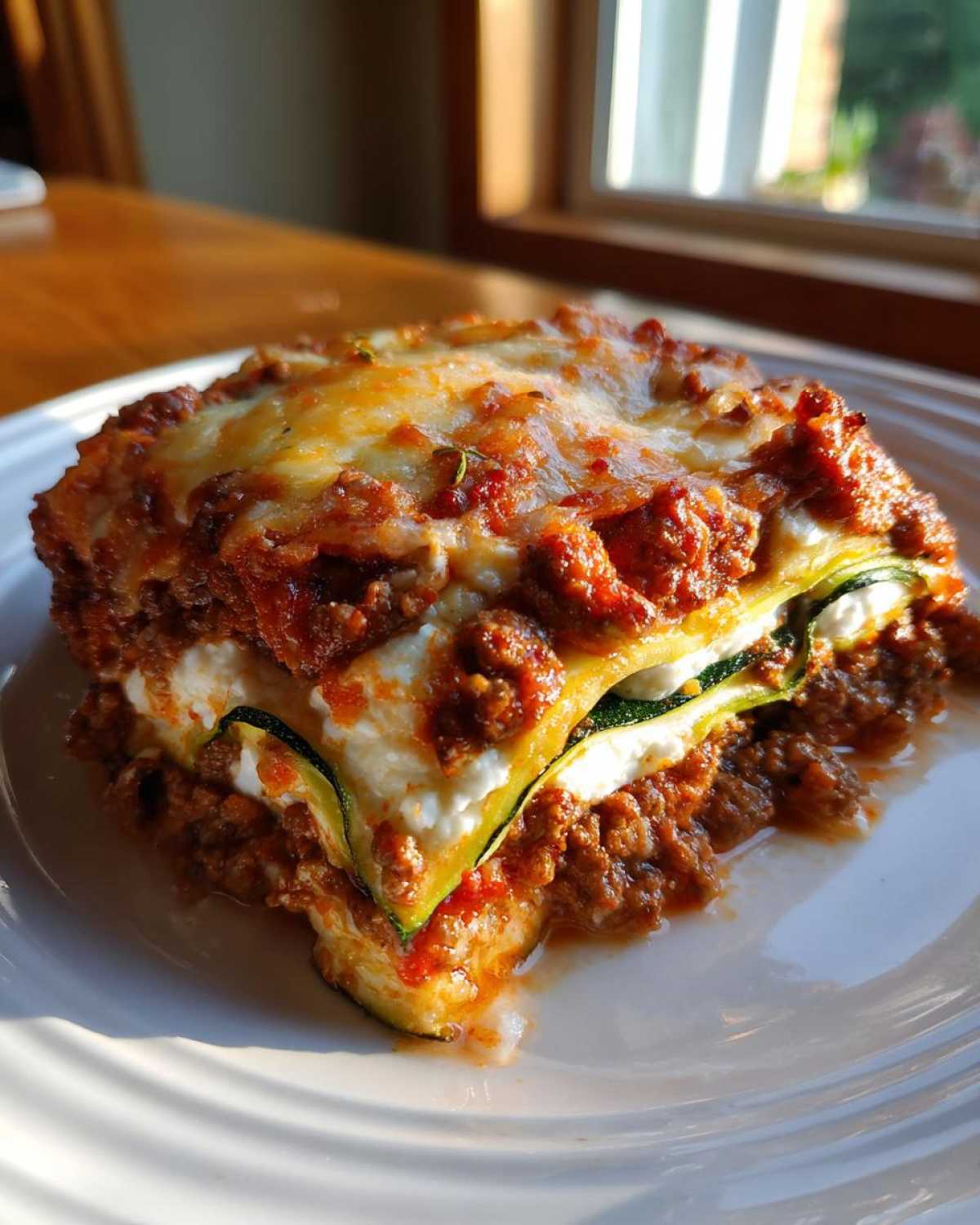 A hearty slice of zucchini lasagna featuring layers of meat sauce, ricotta cheese, and thin zucchini noodles, baked with melted cheese on top.