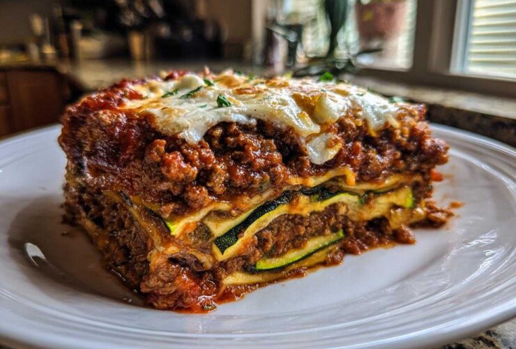 A thick, layered slice of zucchini lasagna topped with melted cheese and meat sauce, ready to eat.