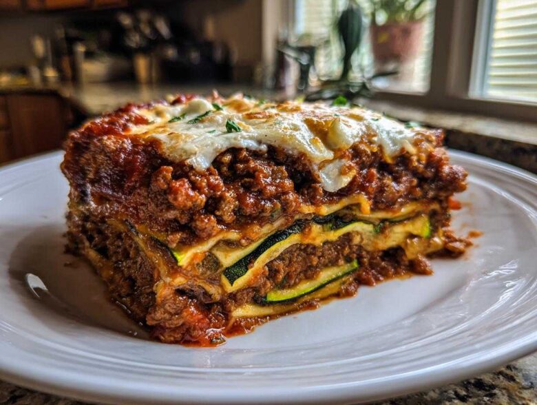 A thick, layered slice of zucchini lasagna topped with melted cheese and meat sauce, ready to eat.