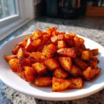 A white plate piled high with perfectly cooked Air Fryer Crispy Breakfast Potatoes with Paprika, glistening under natural light.