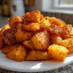 A mound of golden brown, crispy Air Fryer Crispy Breakfast Potatoes with Paprika piled high on a white plate.