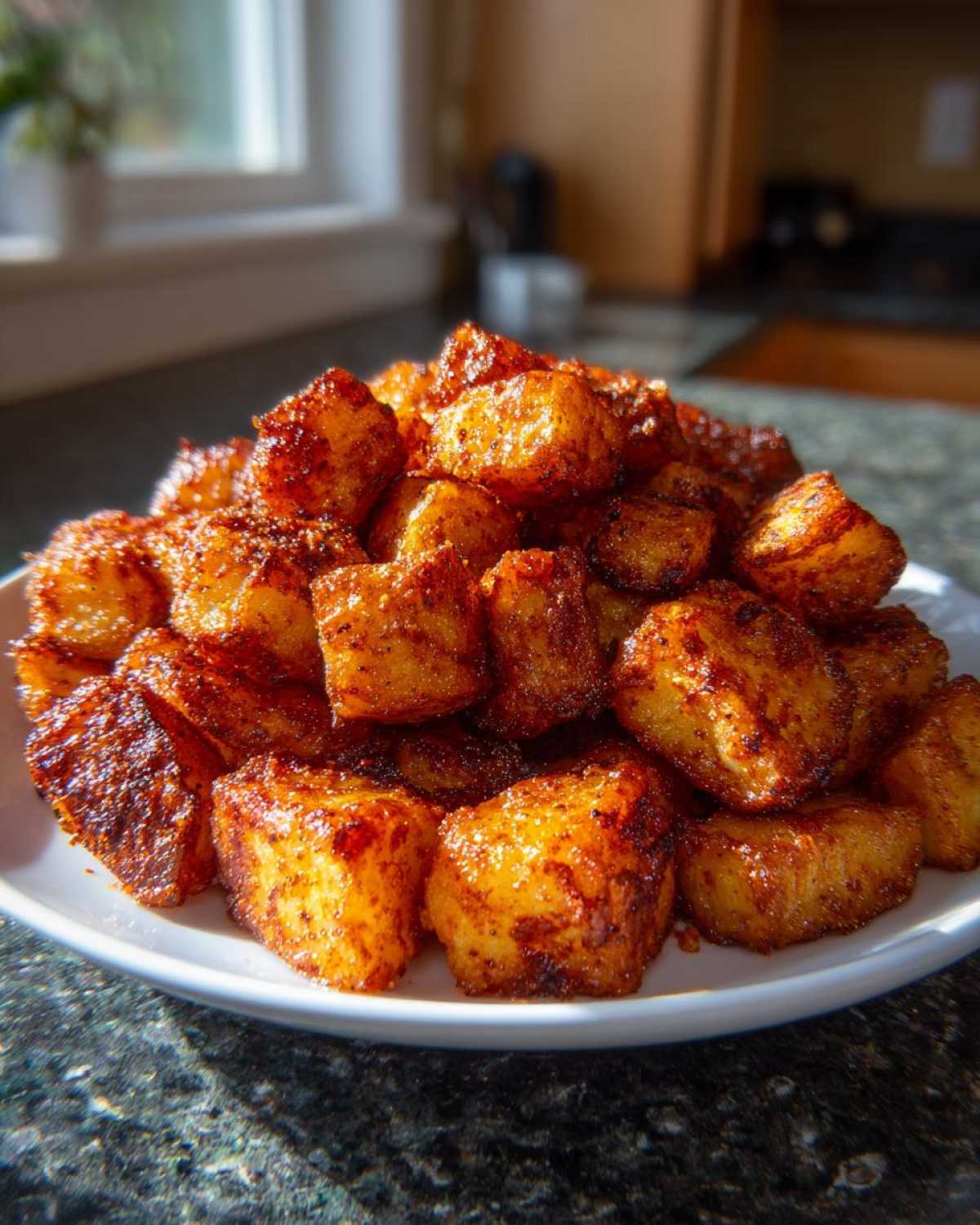 A mound of golden brown, crispy Air Fryer Crispy Breakfast Potatoes with Paprika piled high on a white plate.