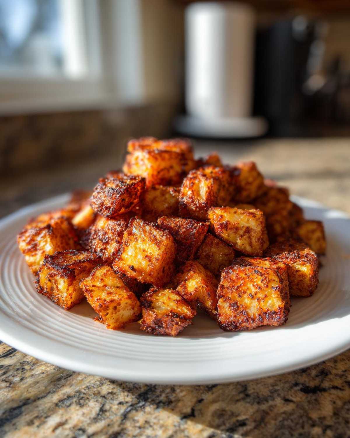 A pile of perfectly cooked Air Fryer Crispy Breakfast Potatoes with Paprika stacked on a white plate.