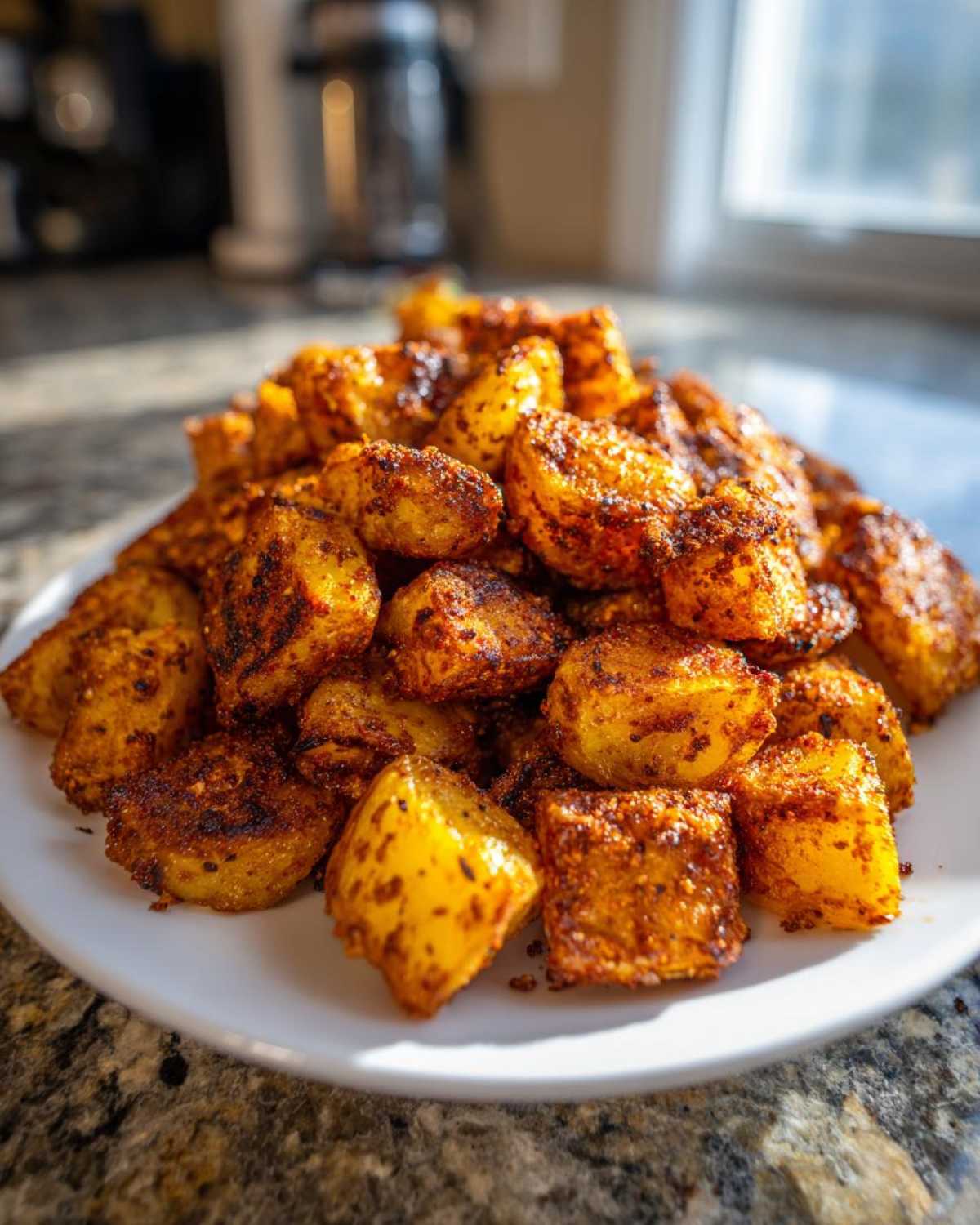 A mound of golden, crispy Air Fryer Crispy Breakfast Potatoes with Paprika piled high on a white plate.