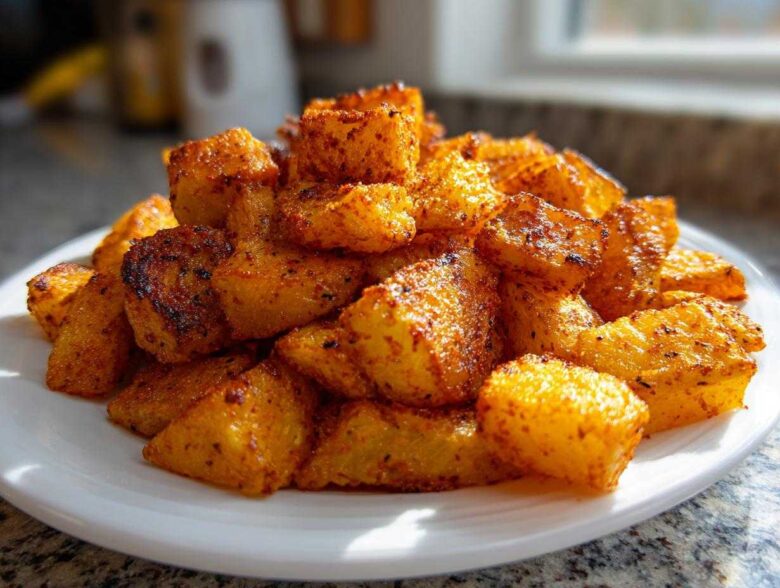 A mound of golden brown, crispy Air Fryer Crispy Breakfast Potatoes with Paprika piled high on a white plate.