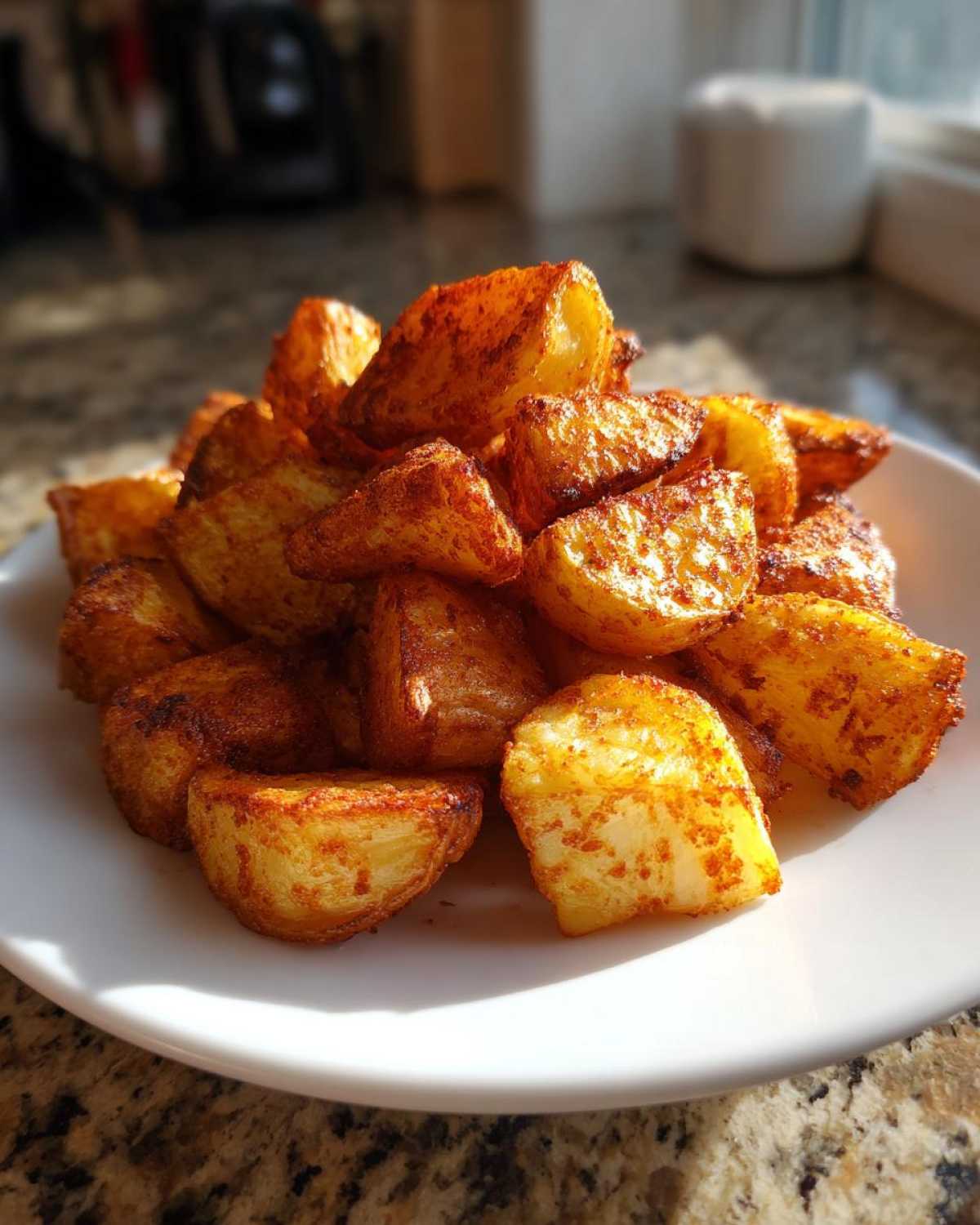 A mound of golden brown, crispy Air Fryer Crispy Breakfast Potatoes with Paprika piled high on a white plate.