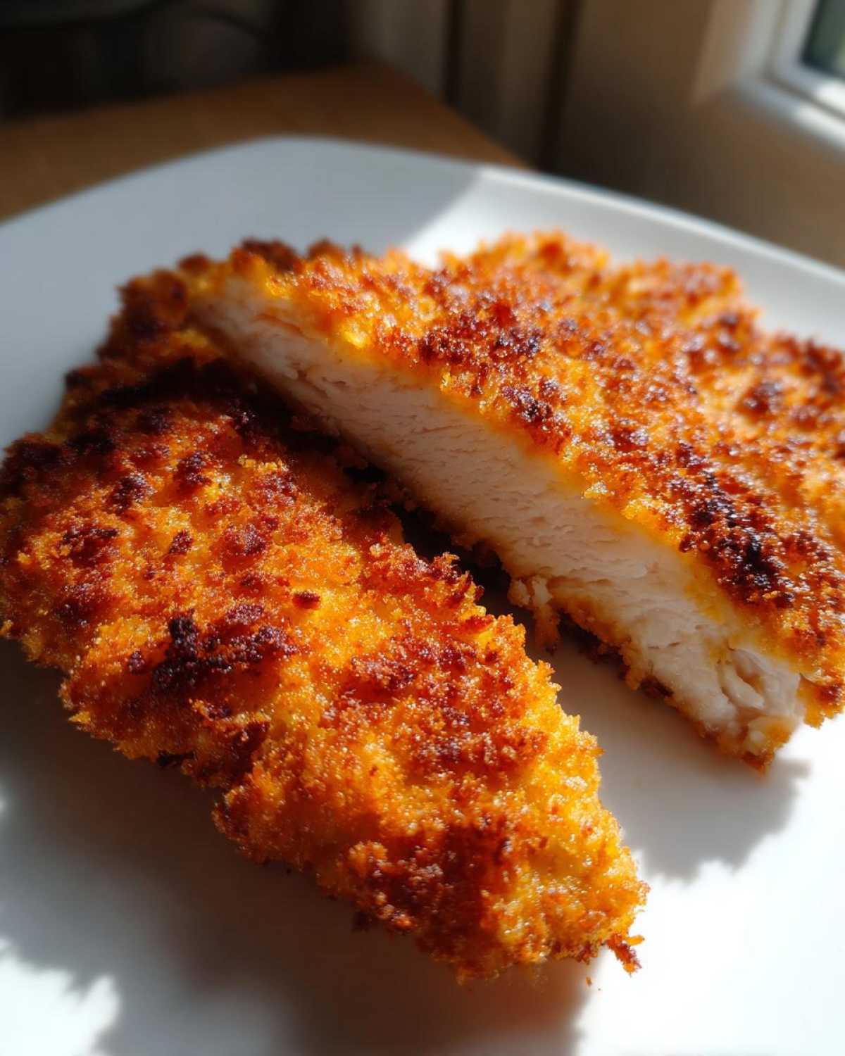 Close-up of Air Fryer Crispy Parmesan Chicken Cutlets, showing the golden, crunchy exterior and juicy white interior.