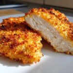 Close-up of Air Fryer Crispy Parmesan Chicken Cutlets, showing a golden, crunchy crust and moist white interior.